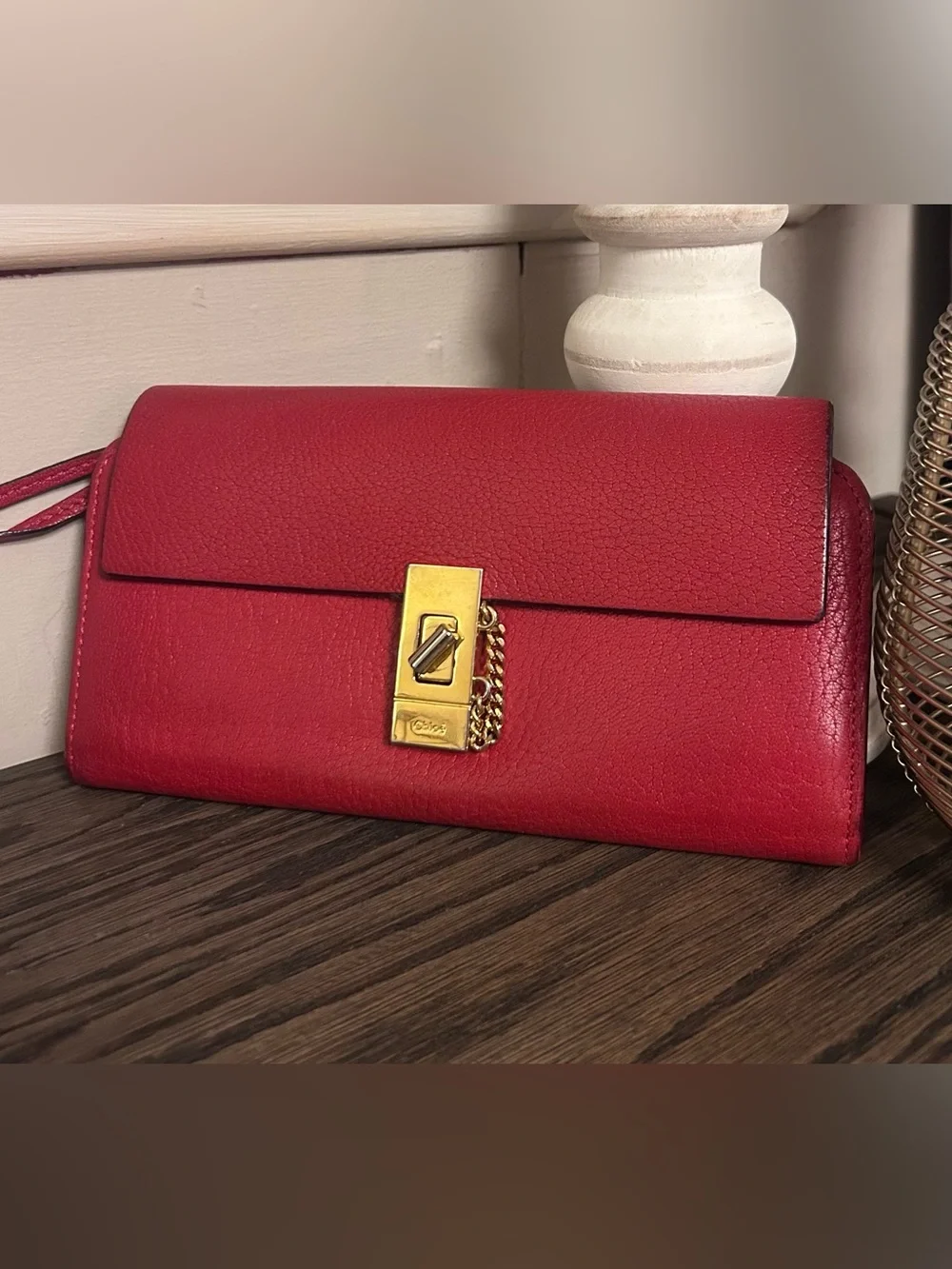 Chloe Drew Red Leather Chain-Accent Clutch with Gold Hardware